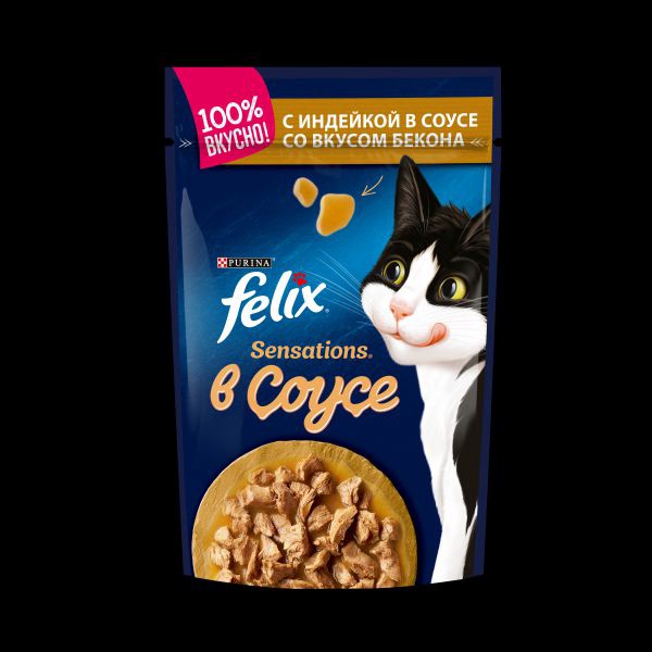 Корм для кошек FELIX SENSATIONS Индейка в соусе со вкусом бекона 75 гр.